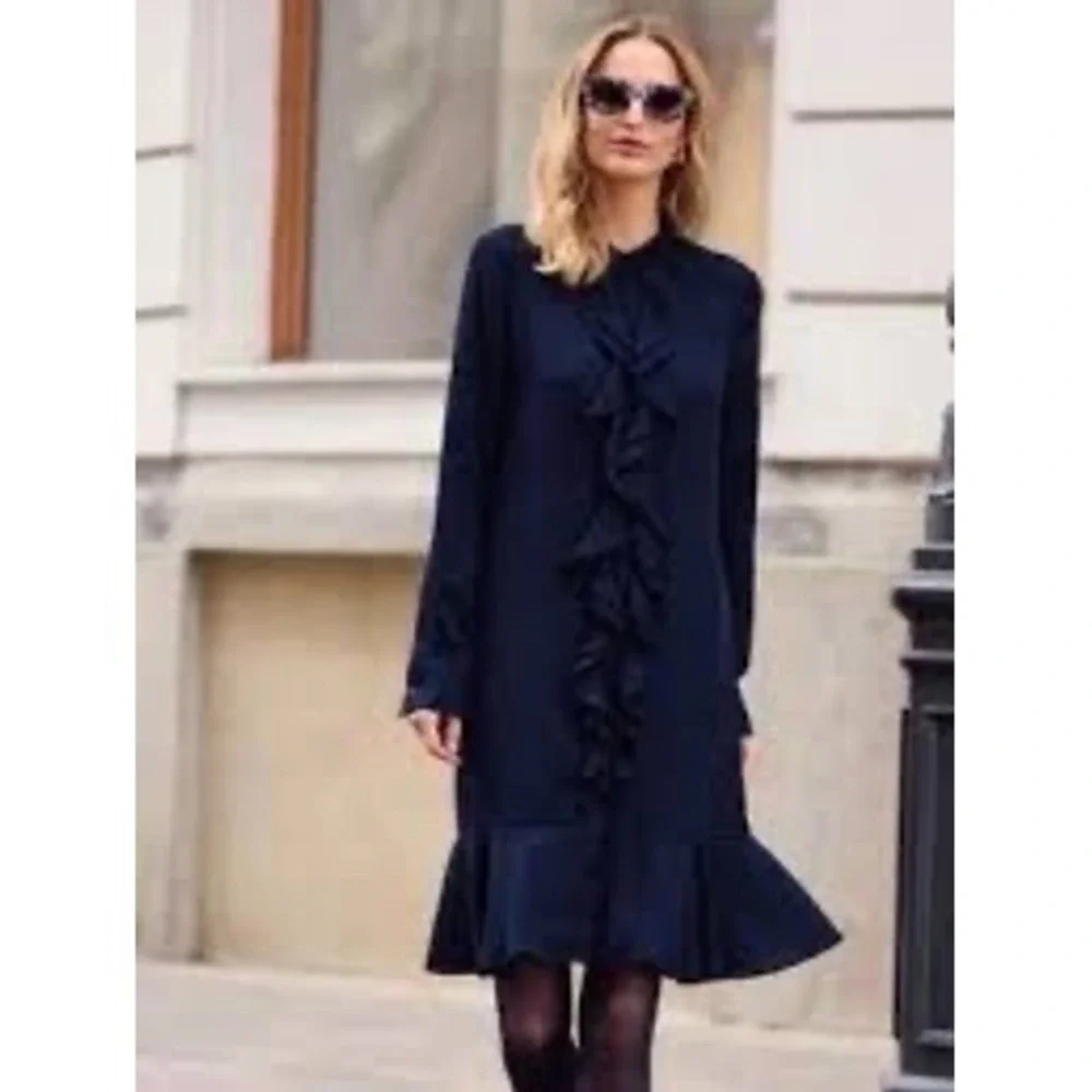 Tory Burch Navy Blue Jane Ruffle Front Silk Blend Shift Dress Size 14